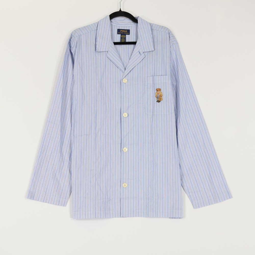 Polo Ralph Lauren Pajama Top Men M Blue Striped Polo Bear Sleepwear PJs Preppy